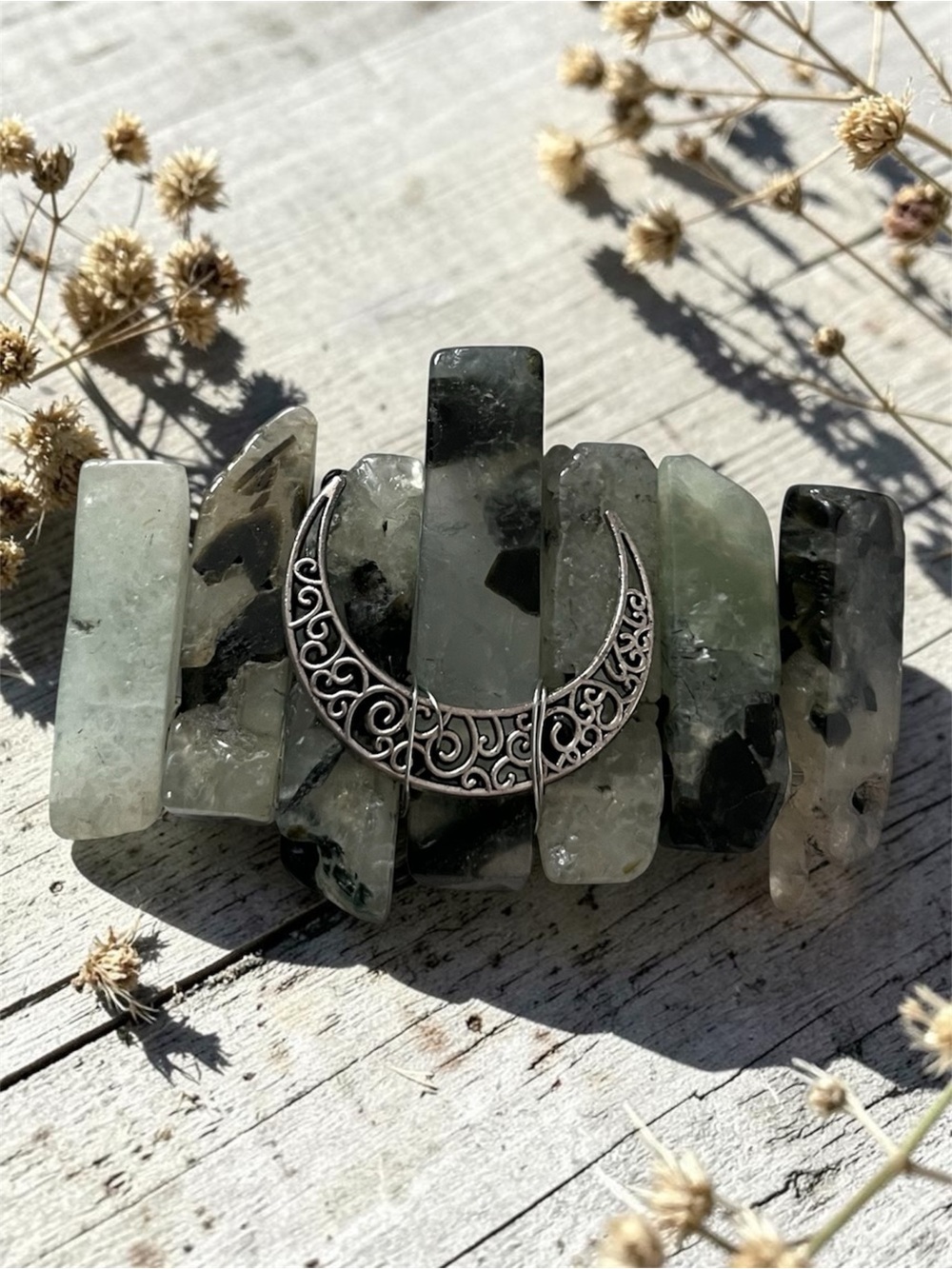 PREHNITE epidote natural stone handcrafted silver crescent moon hair clip NEW